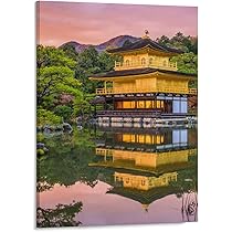 Amazon.co.jp: 絵画 夕暮れ時の湖に映る金閣寺、京都インテリア